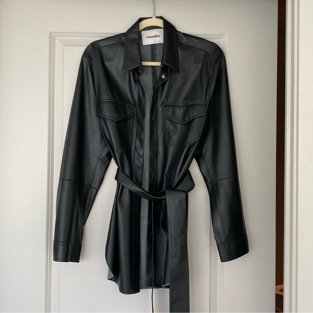 WORN ONCE Nanushka faux leather belted shirt jacket